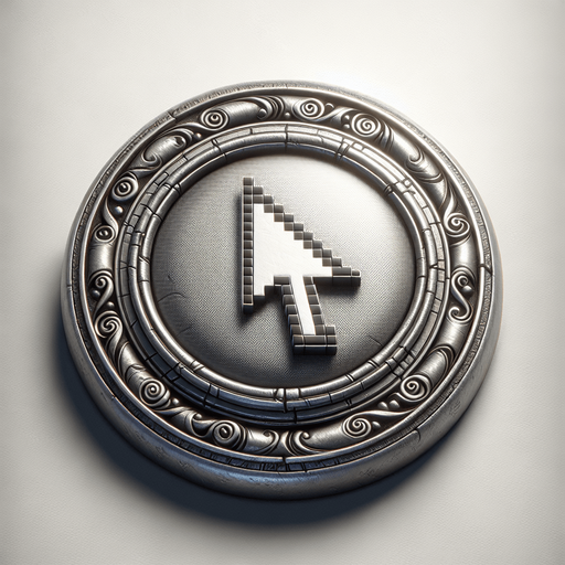 a button with a scroll and a computer cursor on it.
Single Game Texture. In-Game asset. 2d. Blank background. High contrast. No shadows.