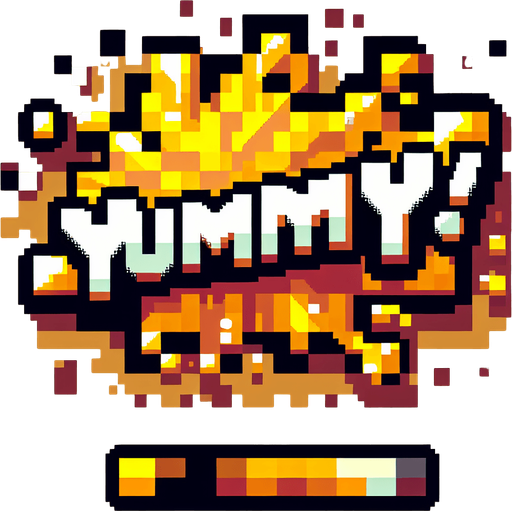 Pixelart - a cool splash screen style text saying 'Yummy!' golden yellow brown honey colors..
Single Game Texture. In-Game asset. 2d. Blank background. High contrast. No shadows.