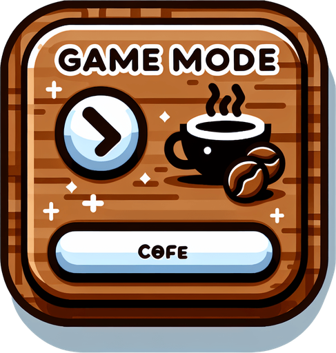 Coffee themed button which has the text "gamemode". Make the aspect ratio of this button 5:1.
Single Game Texture. In-Game asset. 2d. Blank background. High contrast. No shadows.