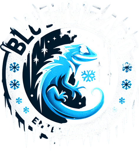 logo for a company called "blue lizard entertainment" using a damaged font and frozen elements.