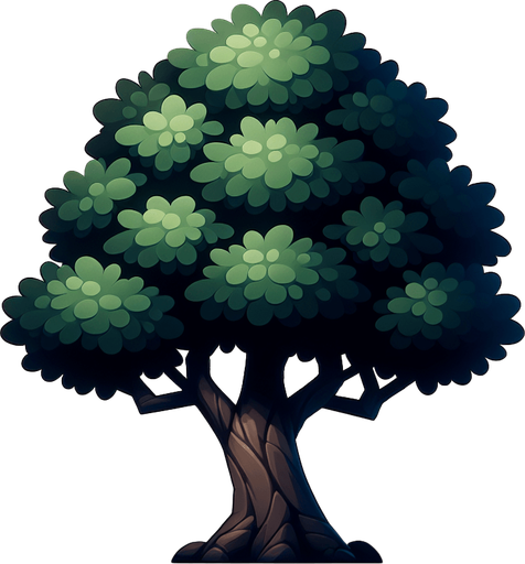 dark green tree, plain background.
Single Game Texture. In-Game asset. 2d. Blank background.  No shadows.