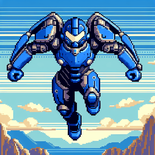 a blue iron man style armor flying.
Retro gaming style