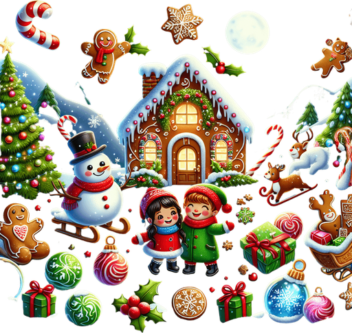 a feeric christmas landscape at night with a snow man , candy canes ,holly leafs and snow flakes, cute penguin, Santa's reindeers, green, red and blue presents and a lot of toys, a sled, gingerbread boy and girl, snow globes, a cute polar bear cub. a gingerbread house Background image