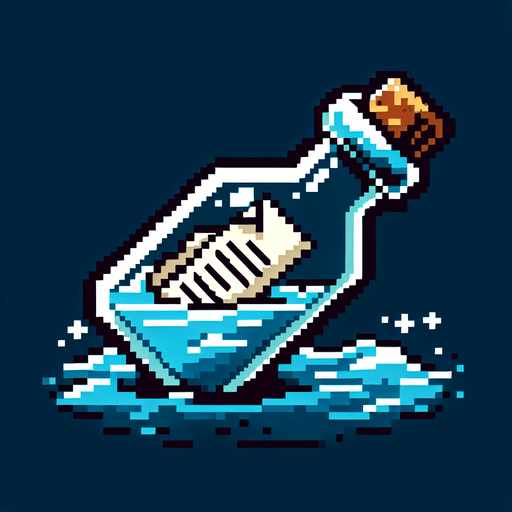 8 bit. cartoon. bottle with a message . floating in the water.  in game asset. no background. Single Game Texture. In-Game asset. 2d. Blank background. High contrast. No shadows.