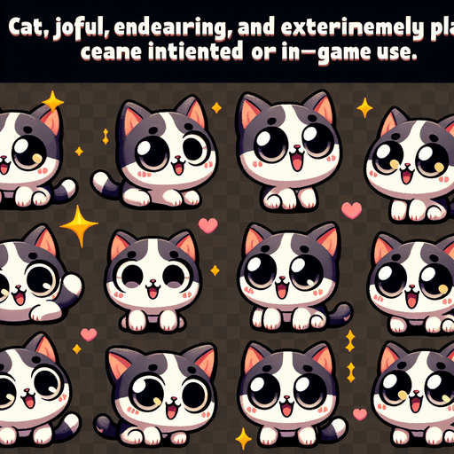 A sprite sheet of happy, cute and very silly looking little cats with large eyes..
Single Game Texture. In-Game asset. 2d. Blank background. High contrast. No shadows.