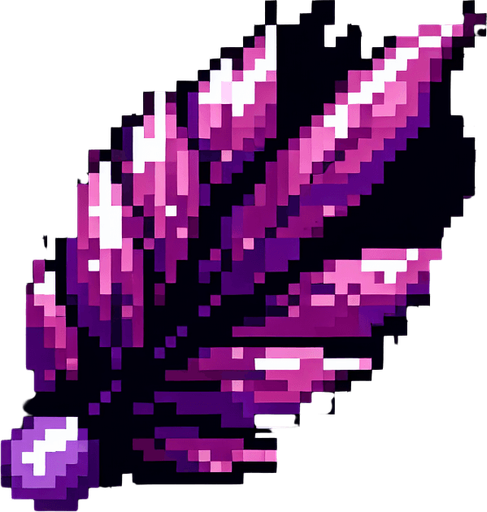 A purple posion dart. Feathers pointing down in the picture. Pixelart.vertical. Single Game Texture. In-Game asset. 2d. Blank background. High contrast. No shadows.