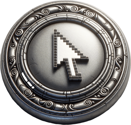 a button with a scroll and a computer cursor on it.
Single Game Texture. In-Game asset. 2d. Blank background. High contrast. No shadows.