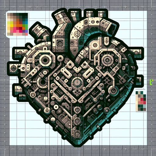 The heart is a robot.
Single Game Texture. In-Game asset. 2d. Blank background. High contrast. No shadows.