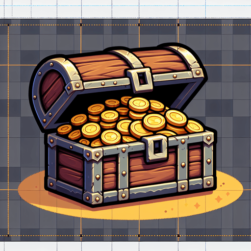 A treasure chest. Medieval style. cartoony. Open and full of gold coins. Single Game Texture. In-Game asset. 2d. Blank background. High contrast. No shadows.