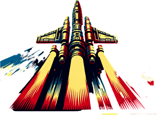 Single enemy spaceship flying straight downwards viewed from above in colour.
Single Game Texture. In-Game asset. 2d. Blank background. High contrast. No shadows.