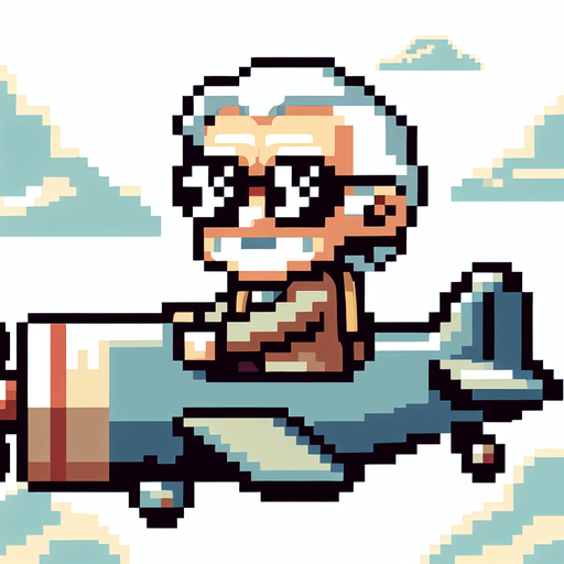 a 2d funny character in 8-bit and cartoon of joe biden on an airplane..