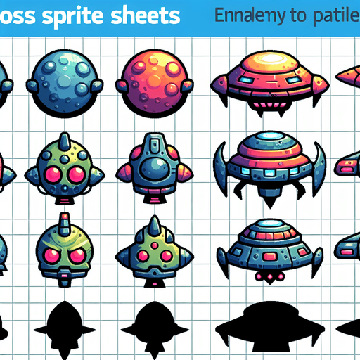 Sprite sheet of different Enemy Boss spaceship, alien looking. Vibrant colors. Cartoon feeling. 4 sprites per sprite sheet.
Single Game Texture. In-Game asset. 2d. Blank background. High contrast. No shadows.