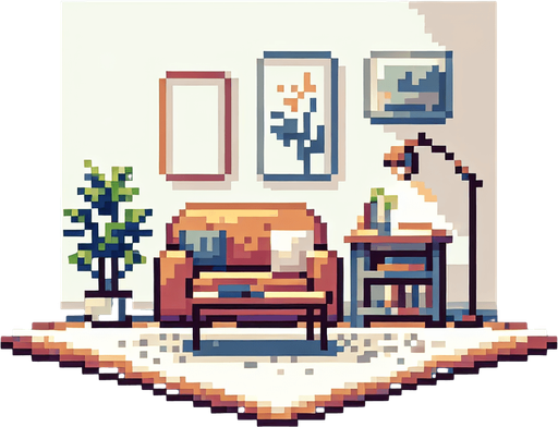 pixel art living room.
Single Game Texture. In-Game asset. 2d. Blank background.