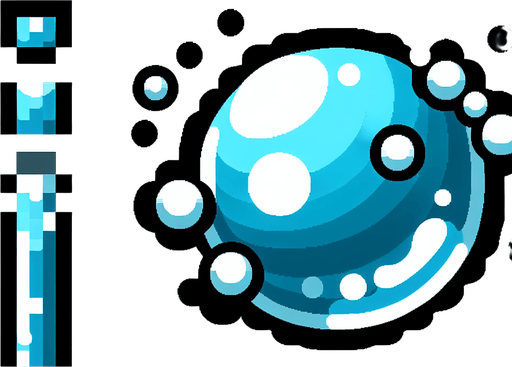 8-bit. cartoon. water bubble.
Single Game Texture. In-Game asset. 2d. Blank background. High contrast. No shadows.