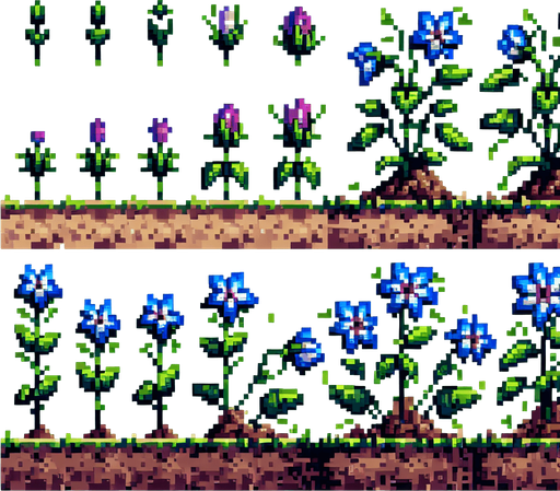 pixel art sprite sheet of a growing plant with two blue flowers.
In-Game asset. 2d. Blank background. High contrast. No shadows.