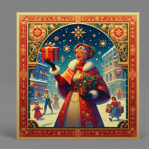 a christmas poster showcasing miss santa clause Single Game Texture. In-Game asset. 2d. Blank background. High contrast. No shadows.