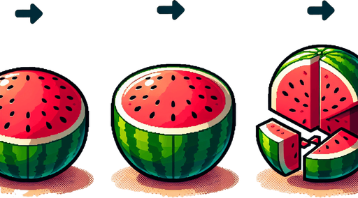 Water mellon sprite sheet: Full, Chopped left part, Chopped right part..
Single Game Texture. In-Game asset. 2d. Blank background. High contrast. No shadows.