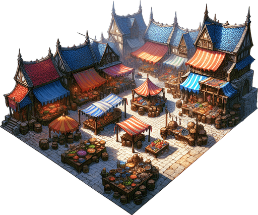 A market in a RTS fantasy style Single Game Texture. In-Game asset. 2d. Blank background. High contrast. No shadows.