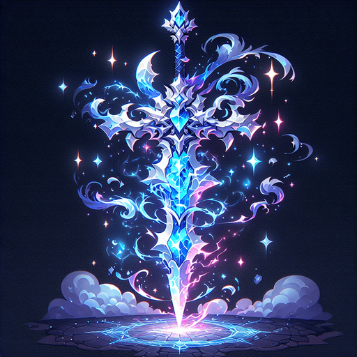 Magical elemental crystal sword made of clouds and lightning..
Single Game Texture. In-Game asset. 2d. Blank background. High contrast. No shadows.