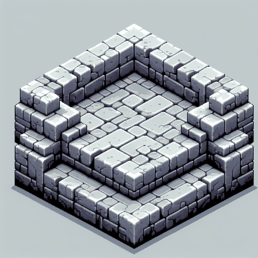 isometric stone wall platform. top-down bird-eye view perspective. 8-bit pixelated. grey soft-color palette..
Single Game Texture. In-Game asset. 2d. Blank background. High contrast. No shadows.