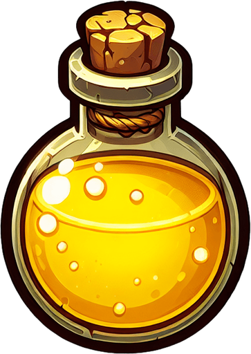 potion magique jaune.
Single Game Texture. In-Game asset. 2d. Blank background. High contrast. No shadows.