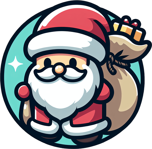 Circular Santa, with gifts on his back. Cartoon. Single Game Texture. In-Game asset. 2d. Blank background. High contrast. No shadows.