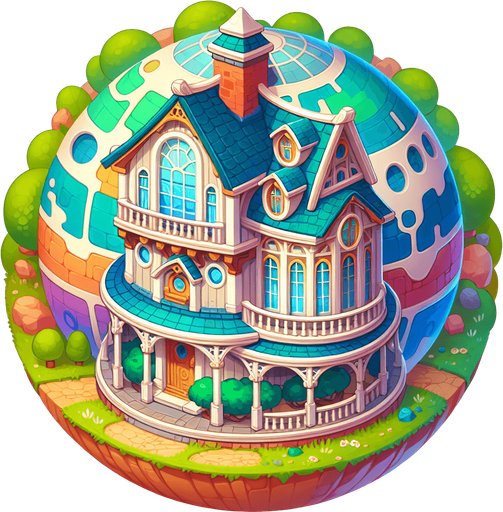 round house planet, cartoon Single Game Texture. In-Game asset. 2d. Blank background. High contrast.