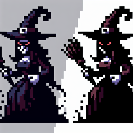 cartoon 8bit evil witch..
Single Game Texture. In-Game asset. 2d. Blank background. High contrast. No shadows.