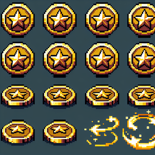 Create an 8-bit pixelated sprite sheet featuring a golden coin with a star symbol in the center. The coin should be viewed from multiple perspectives to create the illusion of spinning in place, with each frame showing slight rotational movement. The sprite sheet should include enough frames to produce a smooth spinning animation, with consistent shading and highlights to enhance the 3D effect of the coin rotating. The star symbol should remain centered and consistent throughout the animation, while the outer edges of the coin shift to reflect the spin..
Single Game Texture. In-Game asset. 2d. Blank background. High contrast. No shadows.