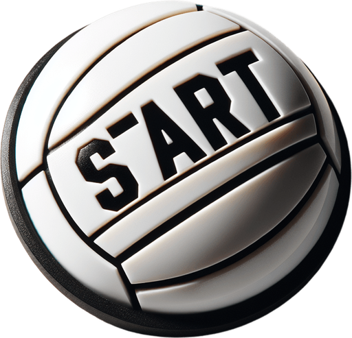 Start button in the shape of a white beach volleyball with « START » written on it in black.
Photo