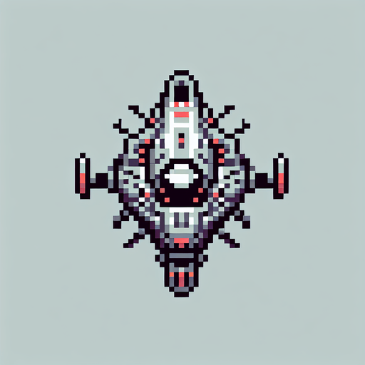 Top down shooter, alien space enemy craft, retro pixel art
Single Game Texture. In-Game asset. 2d. Blank background. High contrast. No shadows.