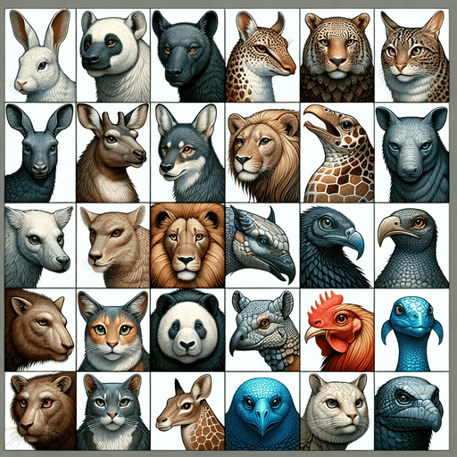 Patchwork of heads of plenty animals..
Single Game Texture. In-Game asset. 2d. Blank background. High contrast. No shadows.