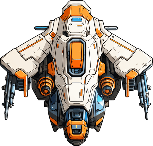 Stylish hero spaceship facing upwards, with a single cannon in the center.
Single Game Texture. In-Game asset. 2d. Pixelart. White background. Blank background. Low detail. High contrast.