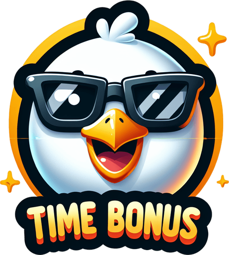 Create a  cartoon-style illustration of a smiling face of a seagul with black shades with the words "Time Bonus" at the bottom of it.
Single Game Texture. In-Game asset. 2d. Blank background. High contrast. No shadows.