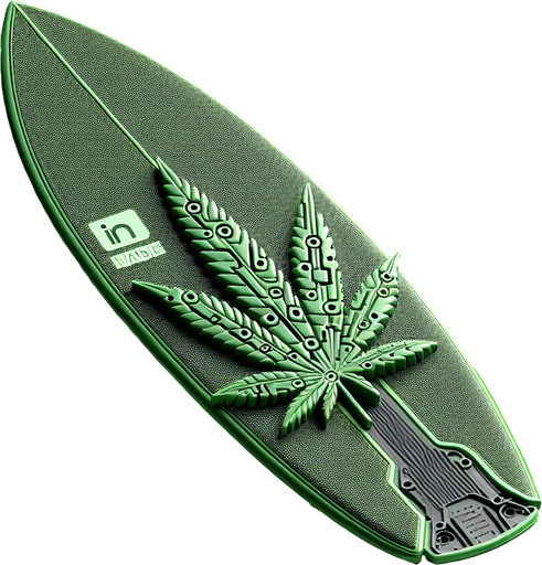 Cannabis plant surfboard transparent background on its side green in shape of cannabis leaf technological futuristic tech 8bit Single Game Texture. In-Game asset. 2d. Blank background. High contrast. No shadows Single Game Texture. In-Game asset. 2d. Blank background. High contrast. No shadows.