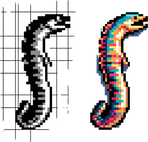 cartoon. 8bit. electric eel. vertical view..
Single Game Texture. In-Game asset. 2d. Blank background. High contrast. No shadows.