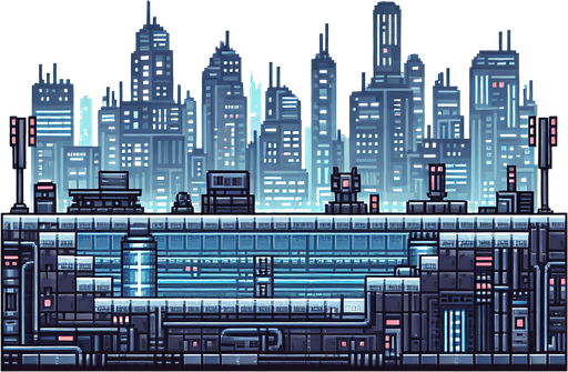 Design a minimalistic, pixelated background for a cyberpunk AI city, focusing on a futuristic yet understated aesthetic to ensure it doesn't overshadow game elements.. pixelated. 8 bit..
Single Game Texture. In-Game asset. 2d. Blank background. High contrast. No shadows.