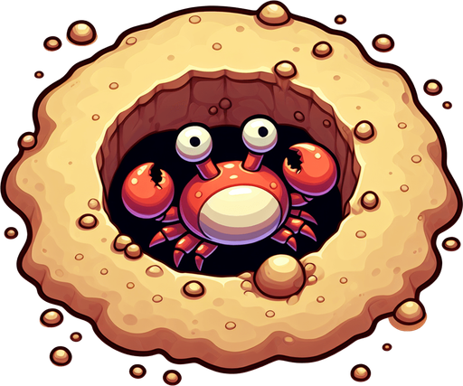 Create a cartoon-style illustration of a crab hole in the sand (without the crab, just the hole).
Single Game Texture. In-Game asset. 2d. Blank background. High contrast. No shadows.