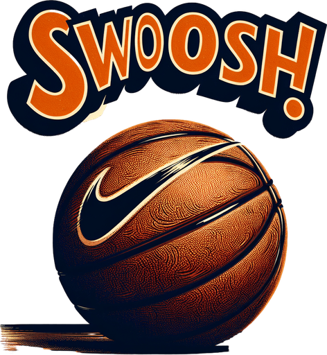 Text announcing 'Swoosh!'.
Basketball. Text only. Tv style ad.