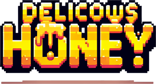 a cool splash screen style text saying 'Delicious Honey!' golden yellow brown honey colors. high-resolution pixel art..
Single Game Texture. In-Game asset. 2d. Blank background. High contrast. No shadows.