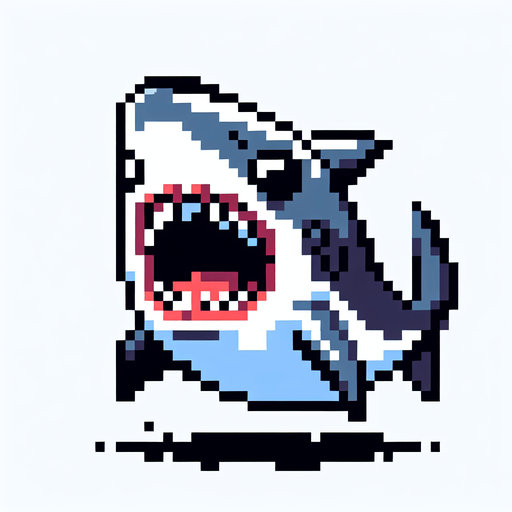 8 bit. cartoon. shark. ingame asset. seen from the front. open mouth. Single Game Texture. In-Game asset. 2d. Blank background. High contrast. No shadows.