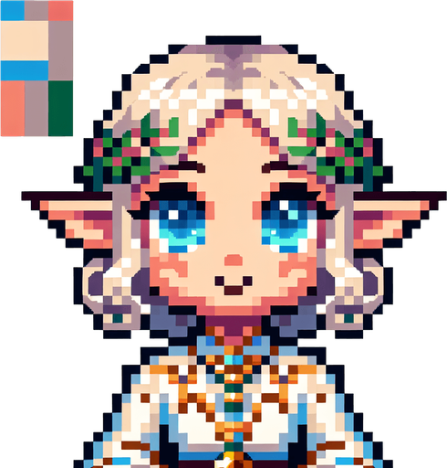 Pixel art of a cute elf.
Single Game Texture. In-Game asset. 2d. Blank background. High contrast. No shadows.