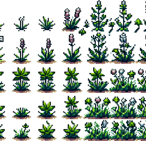 pixel art of a garden weed. Growth sprite sheet.
In-Game asset. 2d. Blank background. High contrast. No shadows.