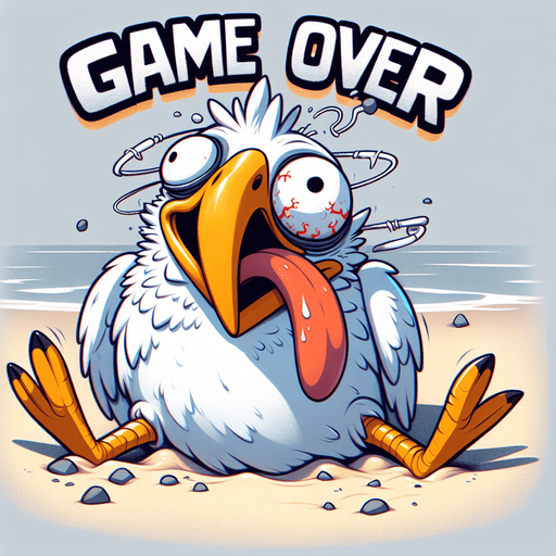 Create a close-up cartoon-style illustration of an dizzy seagull with his tongue sticking out on an empty sandy beach. The goal is to capture a lively and playful game over screen. Make sure 'game over' is written..
Single Game Texture. In-Game asset. 2d. Blank background. High contrast. No shadows.