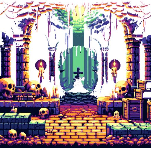 evil enchanted dark catacombs background, 1st person perspective, I want the art style to reflect a classic 16-bit retro pixel art aesthetic, reminiscent of early 1990s RPGs with vibrant colors..
Single Game Texture. In-Game asset. 2d. Blank background. High contrast. No shadows.