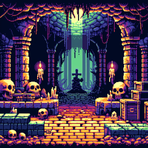 evil enchanted dark catacombs background, 1st person perspective, I want the art style to reflect a classic 16-bit retro pixel art aesthetic, reminiscent of early 1990s RPGs with vibrant colors..
Single Game Texture. In-Game asset. 2d. Blank background. High contrast. No shadows.