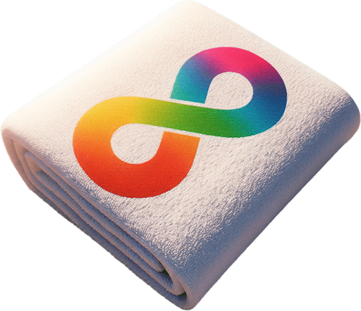 full view of a Beach white towel with colored infinte logo. placed on the sand.
photo