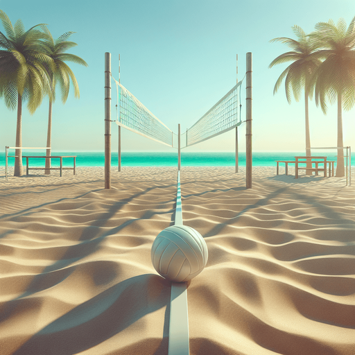 ground lateral view of a beach volley court on sand but without a net. palm trees on the sides. emrald beach on the background. clear sky.
NO BALL. NO NET. NO SUN.NO GLARE. Photorealsitic. symetrical.