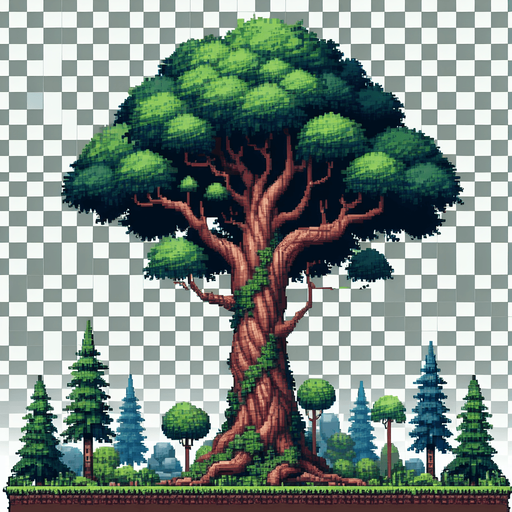 A 2D pixel of a tree asset transparent.
Single Game Texture. In-Game asset. 2d. Blank background. High contrast. No shadows.