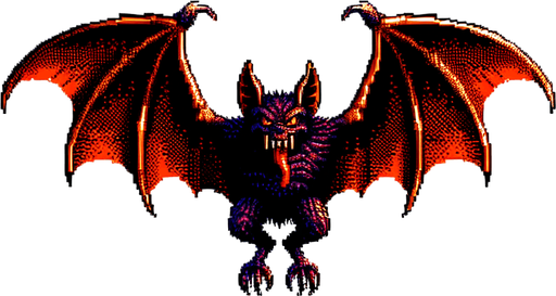 evil large flying bat, front view, I want the art style to reflect a classic 16-bit retro pixel art aesthetic, reminiscent of early 1990s RPGs with vibrant colors..
Single Game Texture. In-Game asset. 2d. Blank background. High contrast. No shadows.